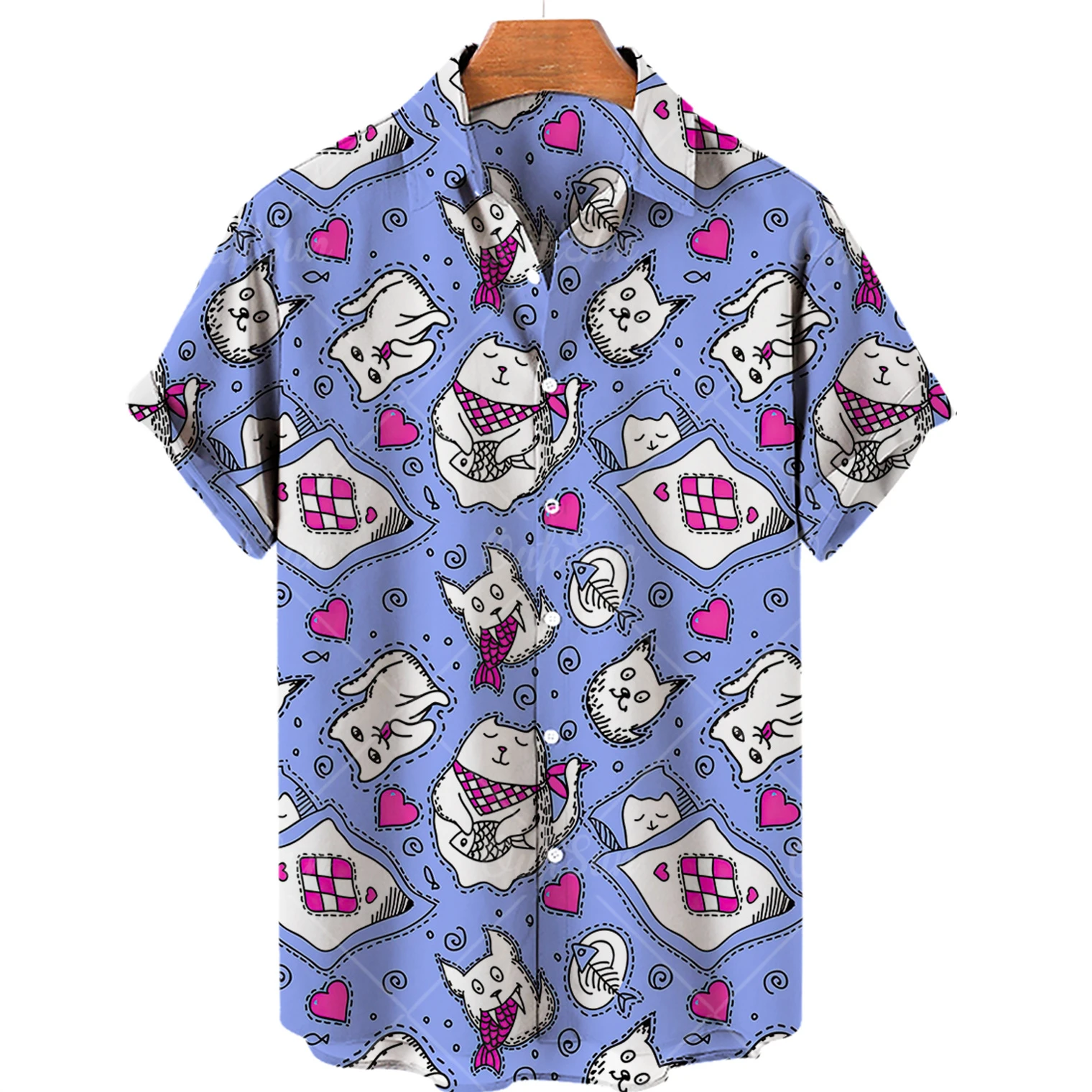 

Летняя рубашка с коротким рукавом в стиле унисекс, модные повседневные универсальные легкие дышащие мужские топы с милым мультяшным котенк...