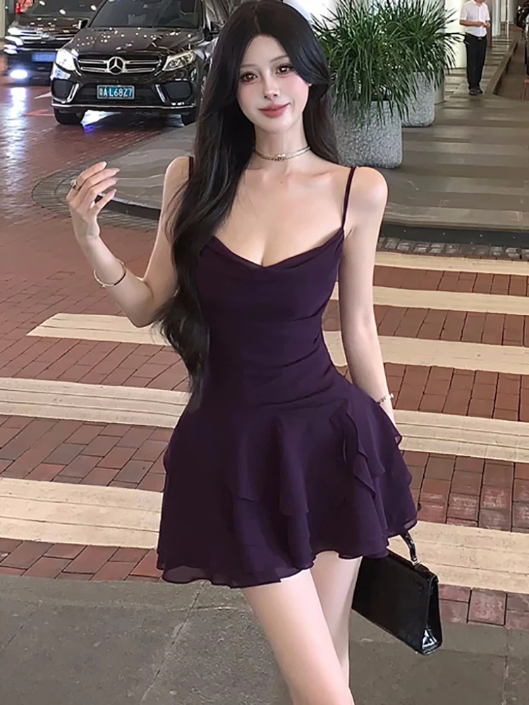 Женское шифоновое платье с оборками фиолетовое повседневное Элегантное