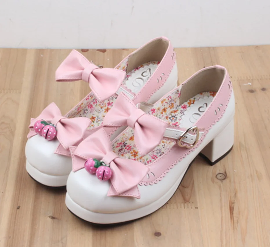 

Japanese Mori Girl Lolita Strawberry Bell Shoes Round Head Middle Heel Bowknot Princess Kawaii Girl Women Shoes