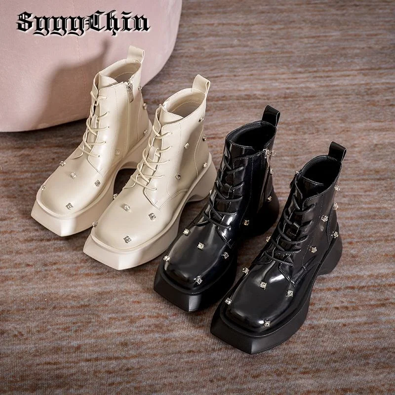 

Spring Women Ankle Boots Ladies Rhinestone Chunky Heel Platform Pumps Female Fashion Square Toe Lace Up Zip Shoes Mujer Zapatos