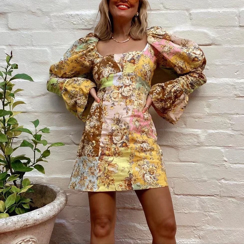 

New Top Quality 2022 Autumn Floral Multi Color Spliced Printing Court Style Puff Sleeve Wide Neckline Mini Vintage Dress Women