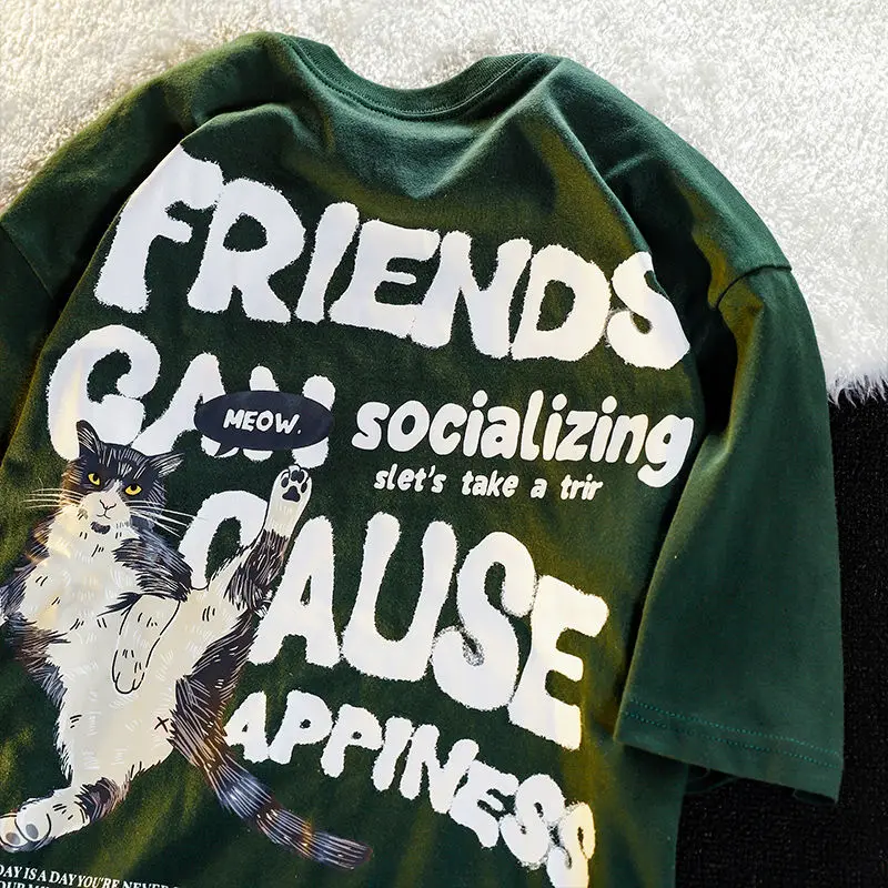 

Dark green 2022 new summer American retro cat print cotton short sleeved t-shirt men and women ins loose top graphic t shirts