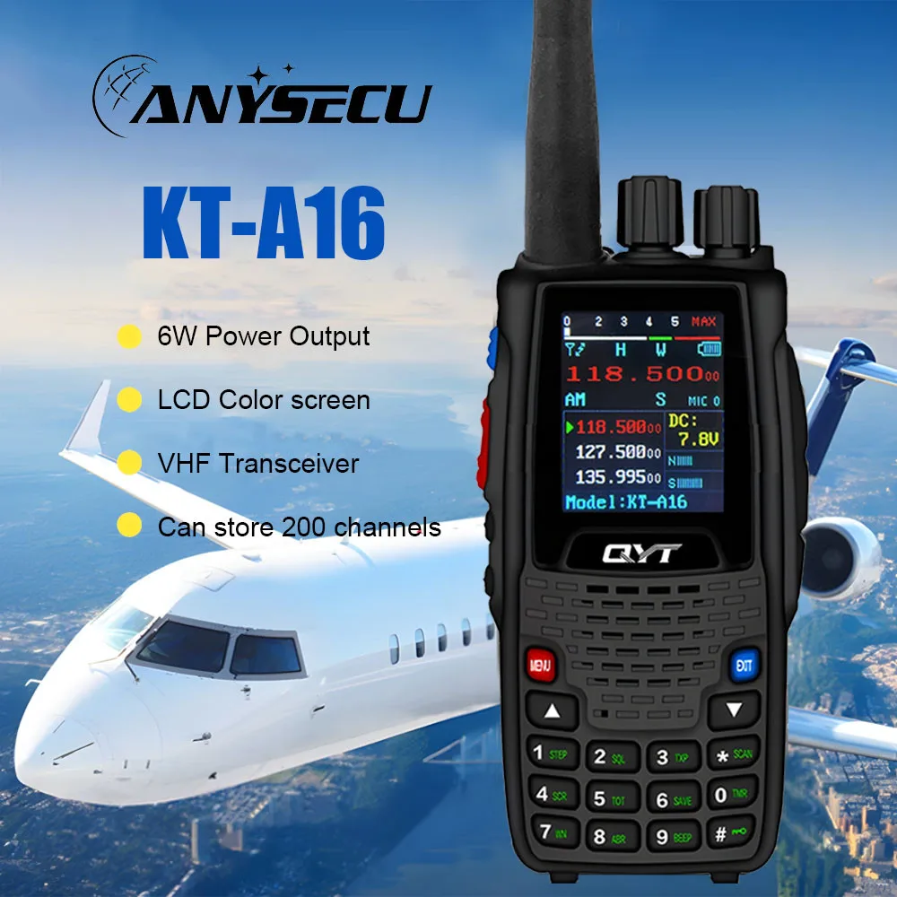 Anysecu AirBand Transmit УКВ рация KT-A16 Tx108.000-136.999 МГц Rx108.0000-136.999 6 Вт 200 каналов W/10 NOAA прогноз
