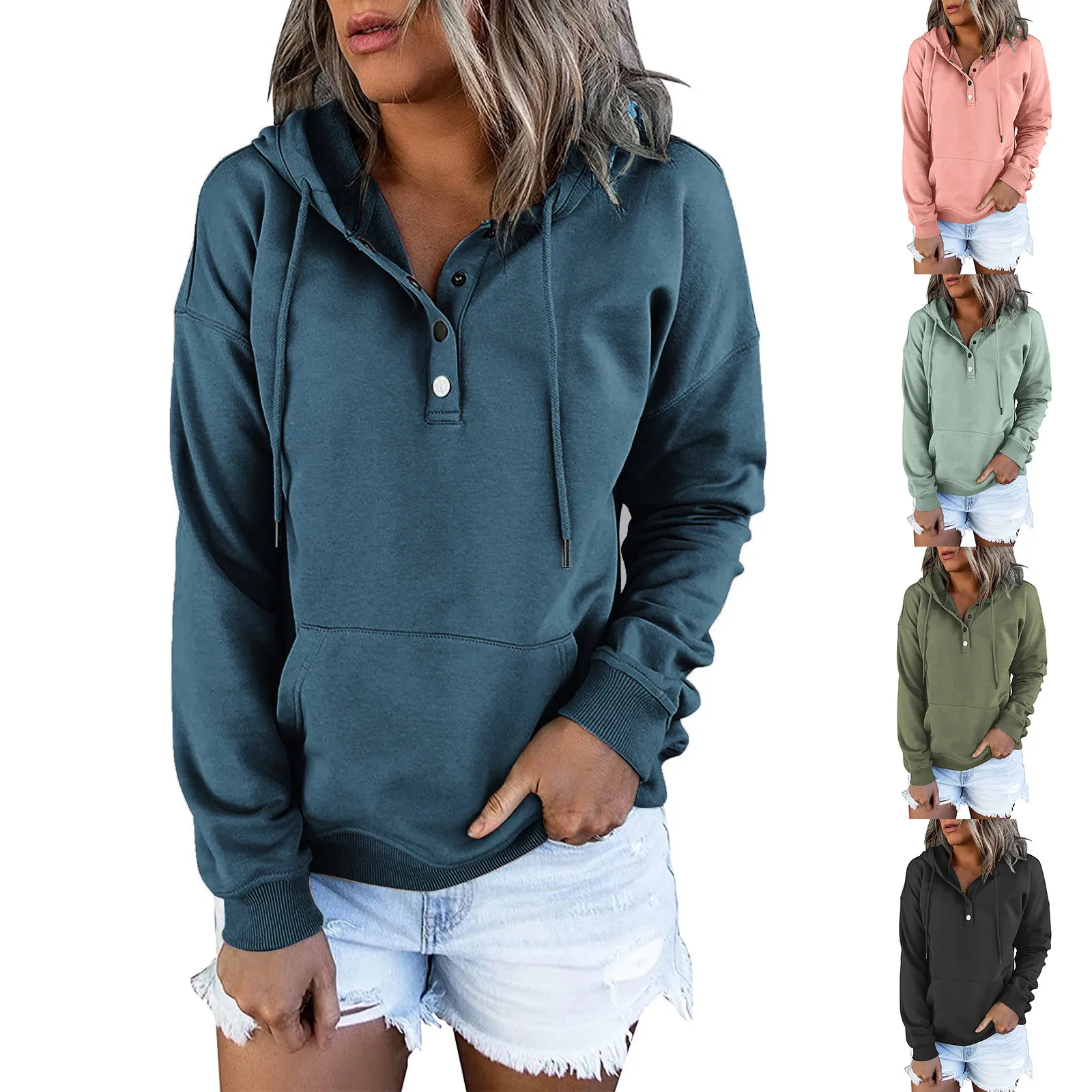 

Long Sweatshirts Button Sleeve Casual Pullover V Drawstring Neck Hooded Down Pocket For Womens Hoodies Women's Ladies Hoodies
