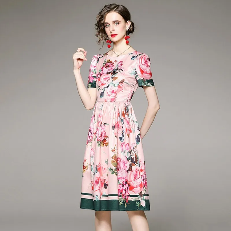 

Женское платье с цветочным принтом, Повседневное платье с круглым вырезом, коротким рукавом и высокой талией, лето 2022