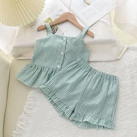 girls plaid suspender tops and shorts small fresh two piece suit toddler girl clothes outfits kids boutique clothing wholesale