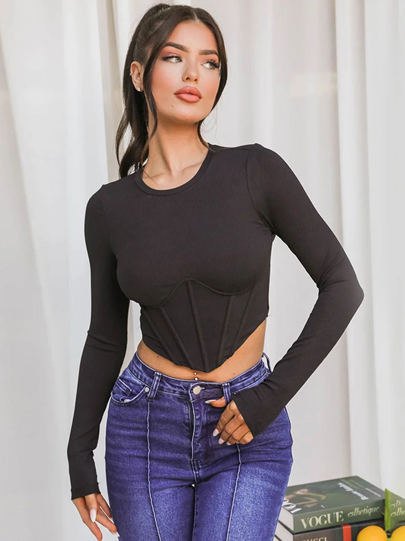 

Woman Clothes Fashion 2022 Autumn Long Sleeve Crop Top Y2K Girls Casual Skinny T Shirt Solid Color High Street Black T-shirts