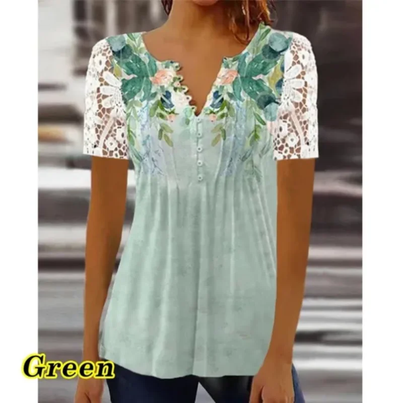 

Summer Ladies Fashion Casual Commuter Lace Print Tops Solid Color Sexy V-neck Short-sleeved T-shirt