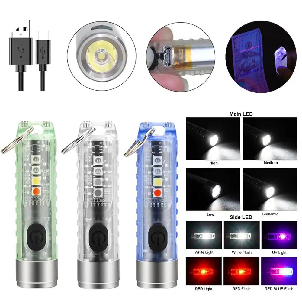 

400LM 6500K Mini Flashlight Keychain Flashlight with 6 Gear Sidelight Magnetic Tail Repair Work Lamp Type-C Rechargeable
