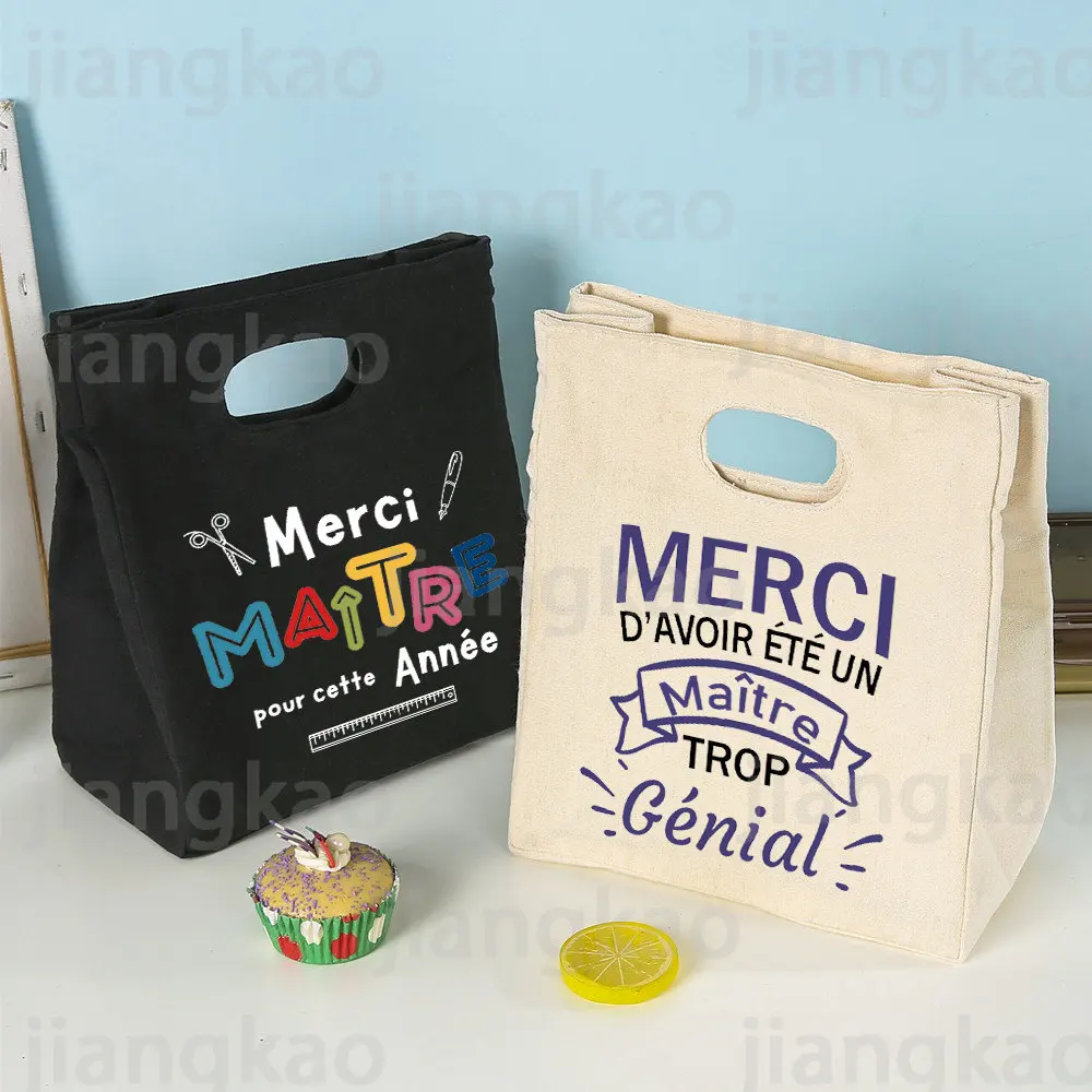 Merci Maitre French Print Lunch Cooler Bag Portable Insulated Canvas Bento Tote Thermal School Food Storage Bags Teacher Gifts