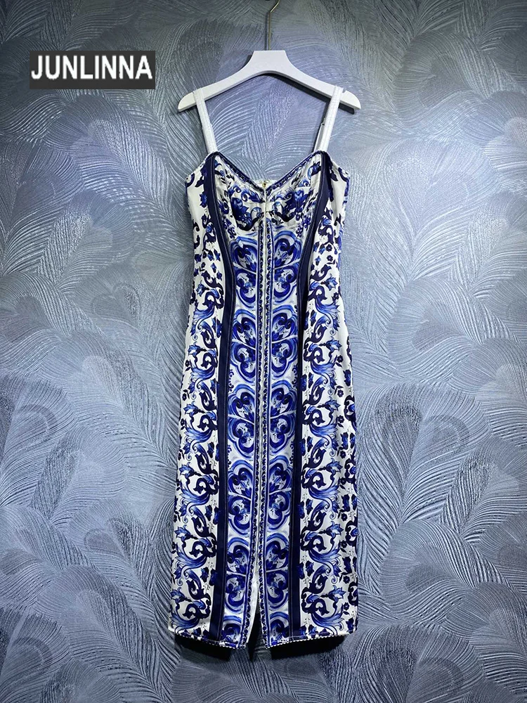 JUNLINNA Mulberry Silk Women Dress Summer Fashion Camisole Blue and Whiet Porcelain  Printed Vintage Party Holiday Vestidos