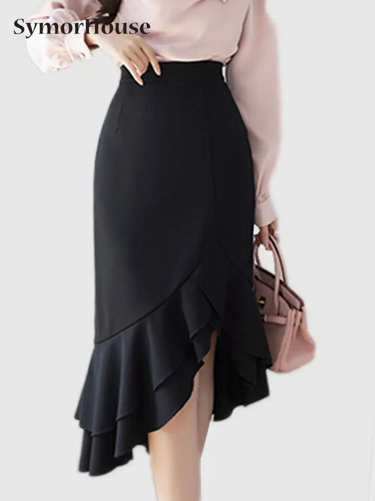 

Женская облегающая юбка-годе, Элегантная черная эластичная офисная юбка миди с высокой талией, оборками и запахом на бедрах, весна-лето