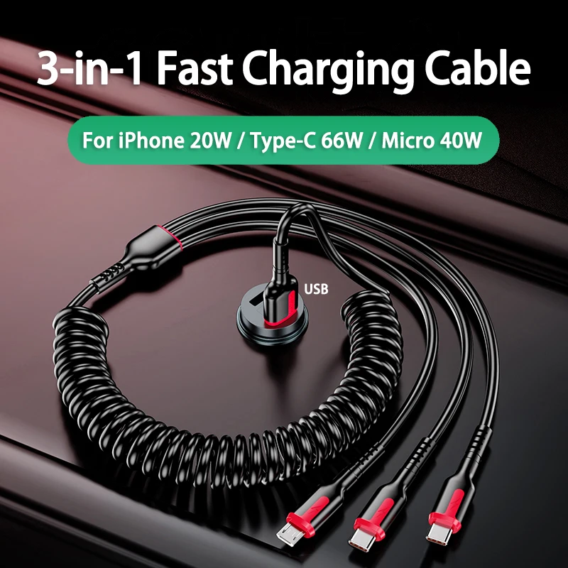 

3 in 1 66W 6A Fast Charging USB Type C Cable 3A Micro USB Spring Car For iPhone Xiaomi Redmi Samsung Realme Phone Charger Cable