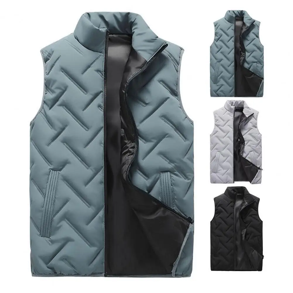 

Men Vest Padded Thick Warm Stand Collar Winter Zipper Windproof Coats Black Grey Waist Sleeveless Coat Men's Clothing Streetwear
