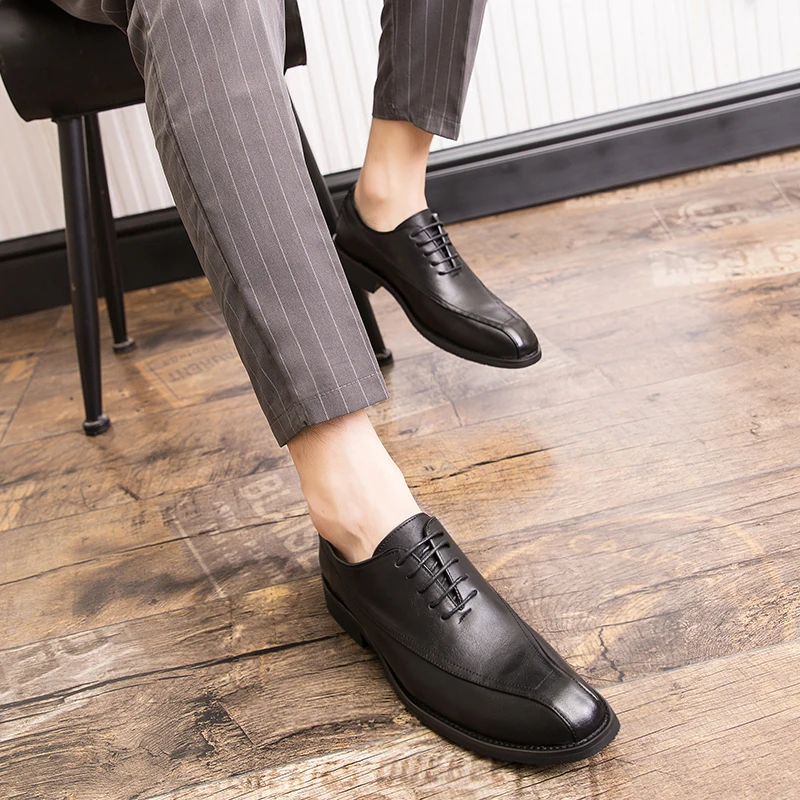 

Новинка 2023, Универсальные однотонные мужские туфли в британском стиле на шнуровке, с острым носком, черные, коричневые, на шнуровке, вечерние классические деловые повседневные туфли