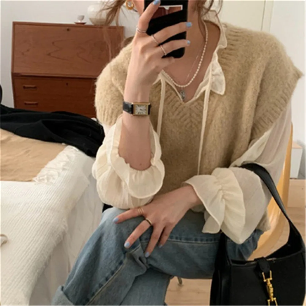 

Blouses Women Lace-up Flare Sleeve Loose Elegant Sweet Basic Solid Simple Wood-ear Korean Style Fashion Leisure Tops Female New