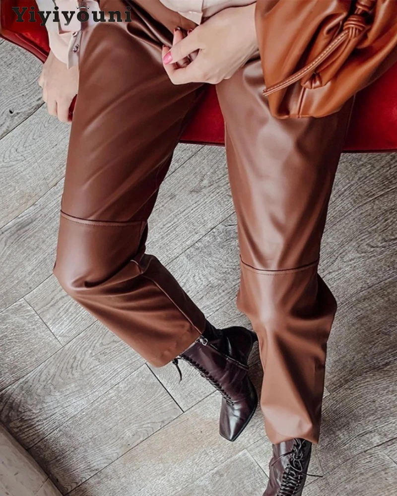 

Yiyiyouni Elastic High Waist Spliced Leather Pants Women Fleece Loose Straight PU Trousers Female Autumn Winter Black Pants 2021
