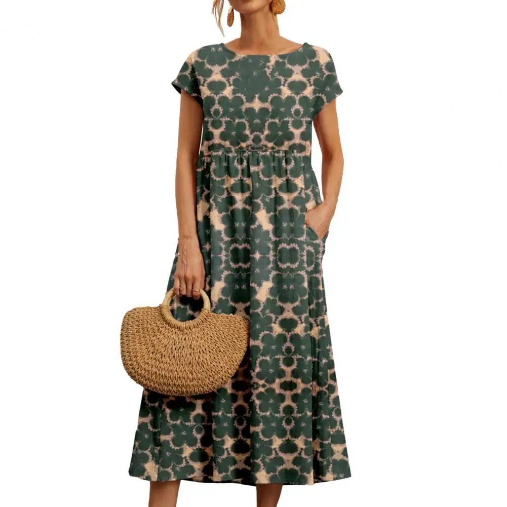 

Summer Women Dress Casual Floral Print O-neck Short Sleeve High Waist Stitching Loose Hem Pockets Design Midi Dress Streetwear