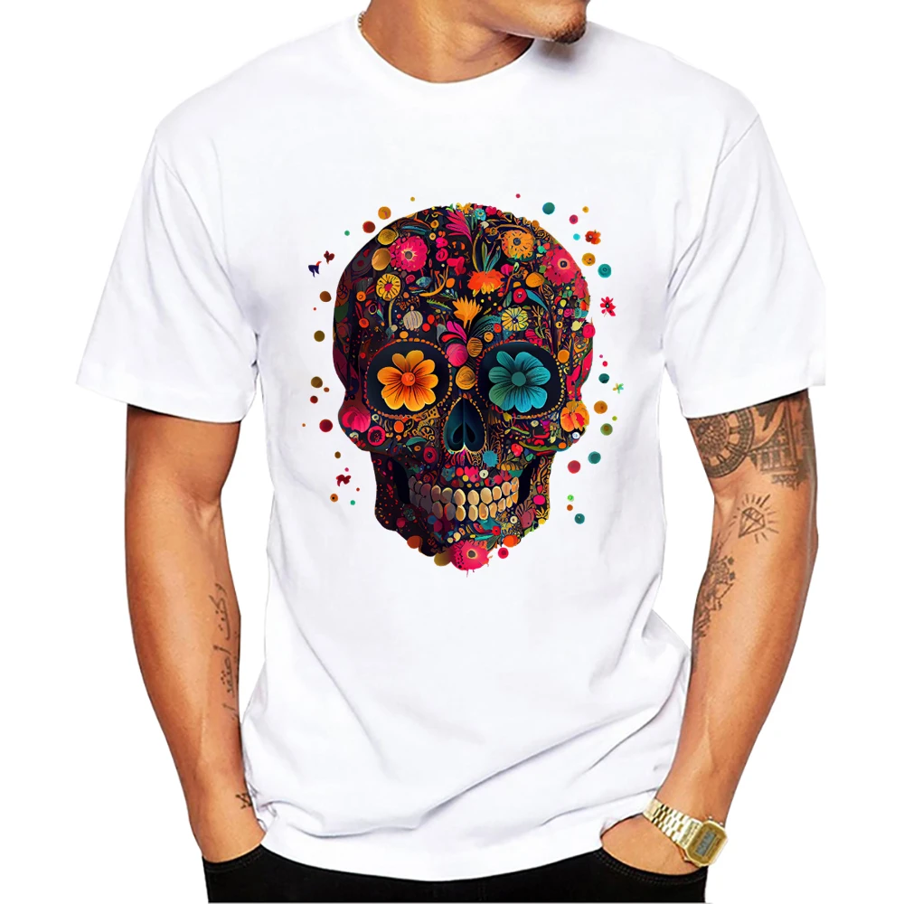 Teehub O-Ausschnitt Kurzarm männlich lässig Halloween Männer Kleidung Vintage Streetwear Zucker Schädel Druck Männer T-Shirt – Detail 5