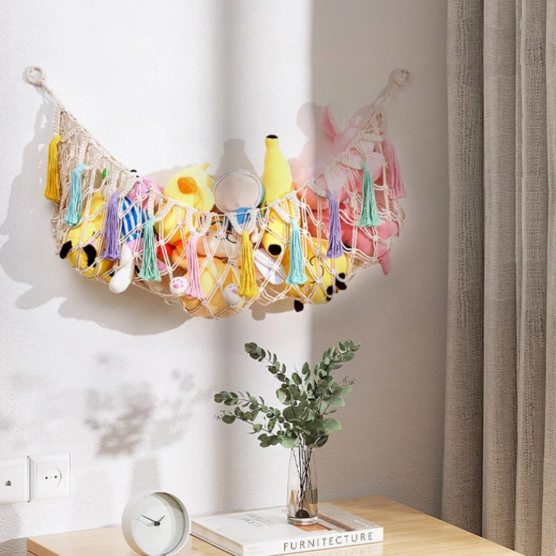 

Wall Hanging Net Bag With Colorful Tassels, Hand Woven Cotton Rope Basket, Dreamy Rainbow Storage Hammock, Plush Toy Organizers