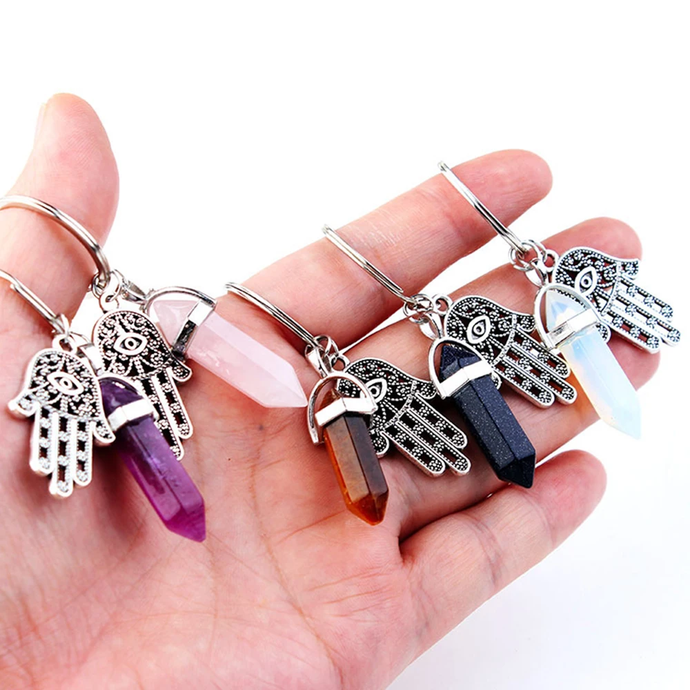 

Mineraali Natural Stone Pendant Keychain Hexagonal Pointed Reiki Quartz Crystal Cute Hand Shape Decor Charm Jewelry Key Ring Gem