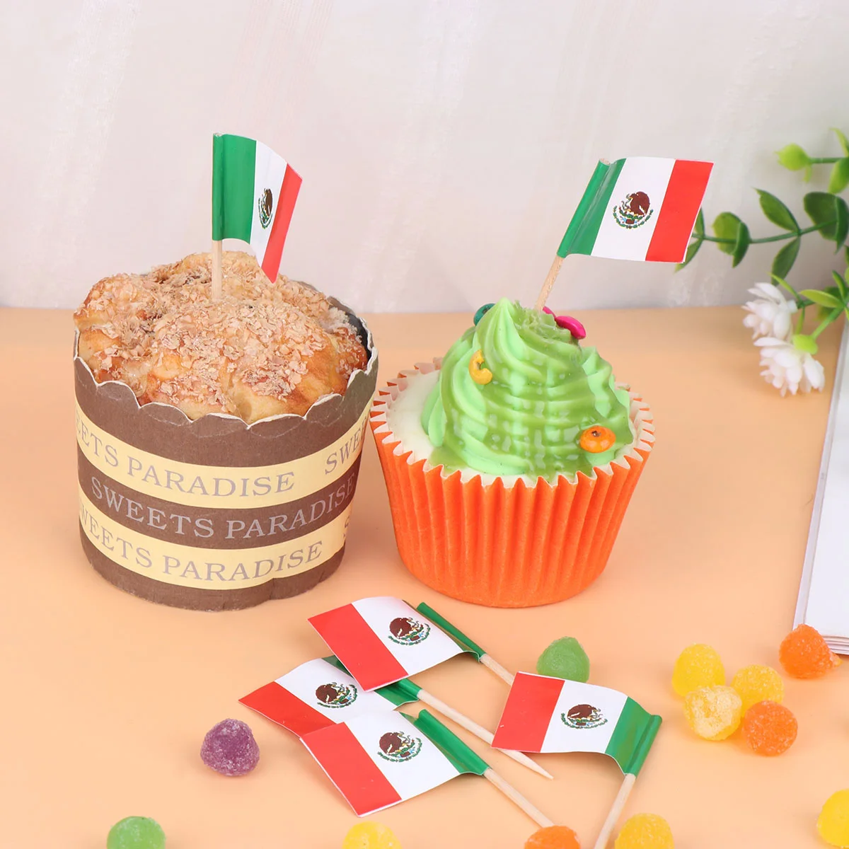 

100pcs Mexico Flag Toothpicks National Flag Cake Topper Wooden Fruit Skewer DIY Cake Decoration for Cake Dessert Snack Cocktail