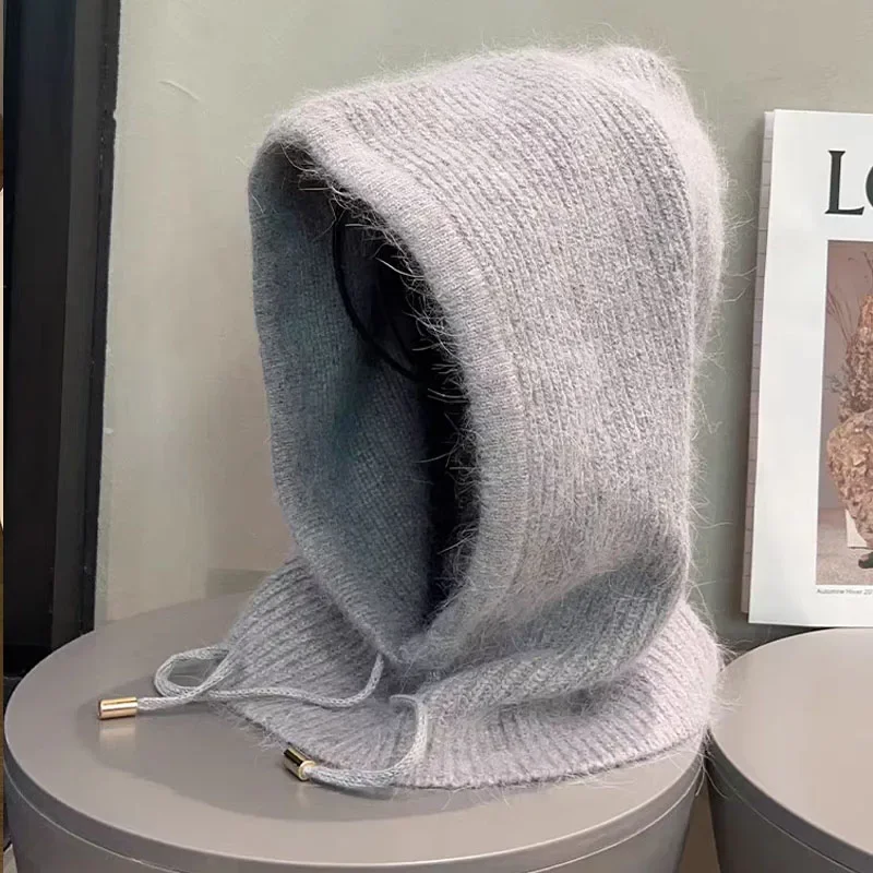 Вязаный шарф из кроличьего меха шапка с капюшоном женские шапочки теплая зимняя