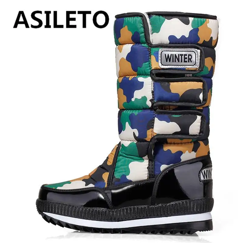 

ASILETO 2022 Women Snow Boots Thick Heel Hook&Loop Winter Warm Outdoor Shoes Camouflage Color Plus Size 46 47 Casual Plush Fur