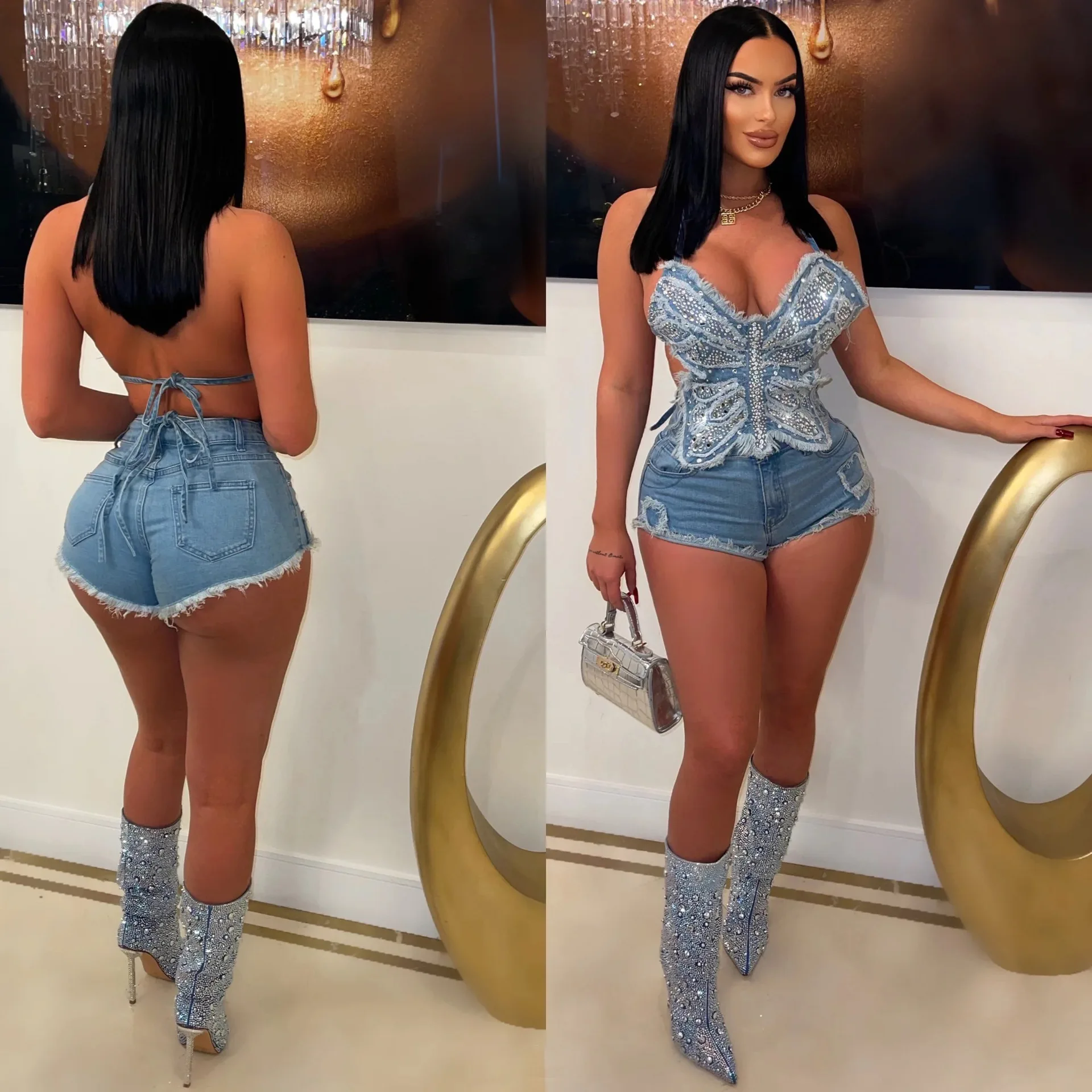 

Streetwear Denim Women 2 Piece Shorts Set Outfits Diamonds Hot Drill Butterfly Crop Top and Jeans Shorts INS 2023 Tracksuit