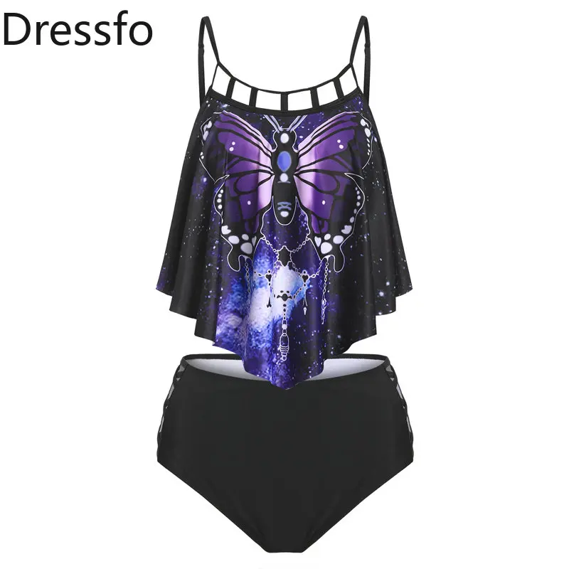 

Dressfo Flounce Cutout Butterfly Print High Waisted Tankini Swimwear High Waist Two Piece Bikini Criss Cross Swimsuit Woman 2023