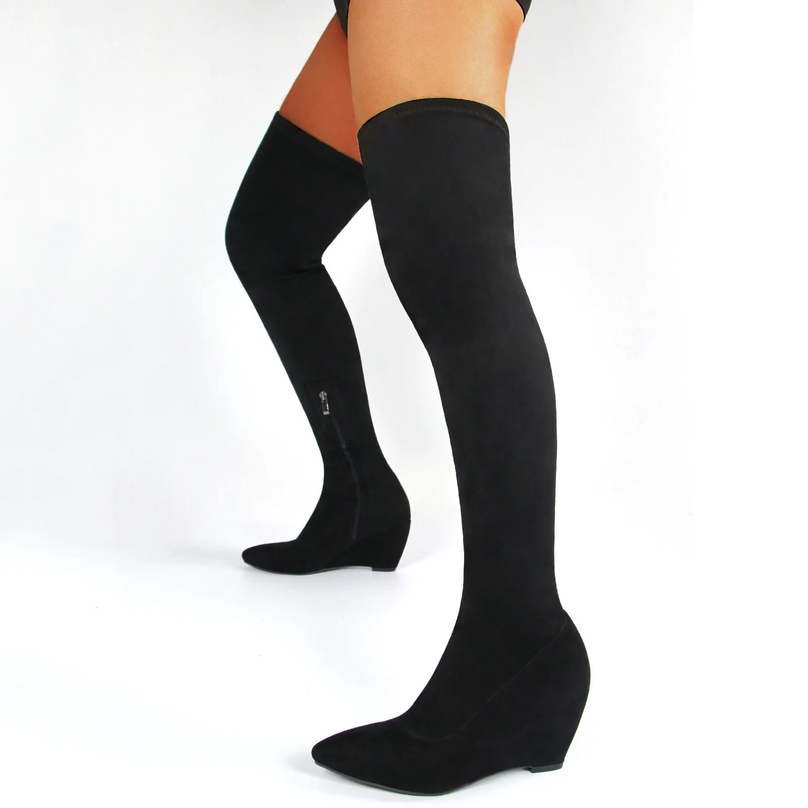 New Brand Knee High Boots For Women Fashion Black Wedge Heels Pointed Toe Over The Knee Boots 2022 Large Size Ladies Shoes