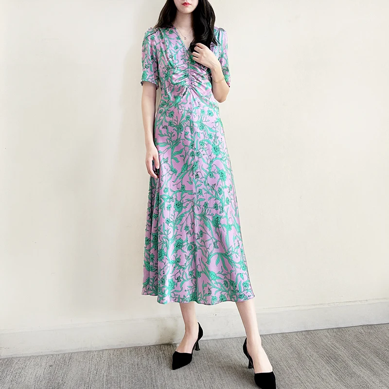 Шелковое атласное платье-миди 19 мм с V-образным вырезом и принтом UK 8-UK 14