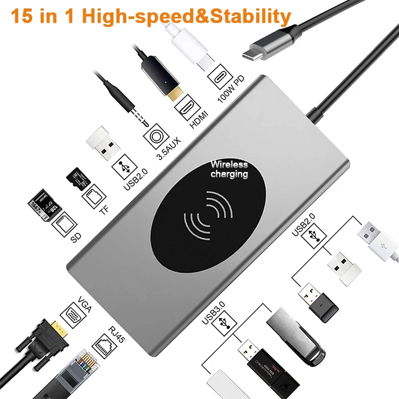 

Док-станция 15 в 1, USB C, HDMI,VGA,RJ45, 100 Вт