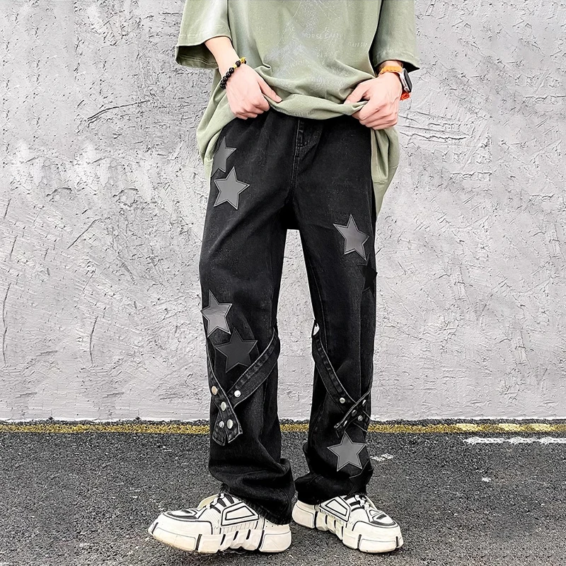 HOUZHOU Y2K Star Jeans Men Hip Hop Embroidery Denim Trousers Black Loose Casual Pants Male Bottom Japanese Streetwear Hippie