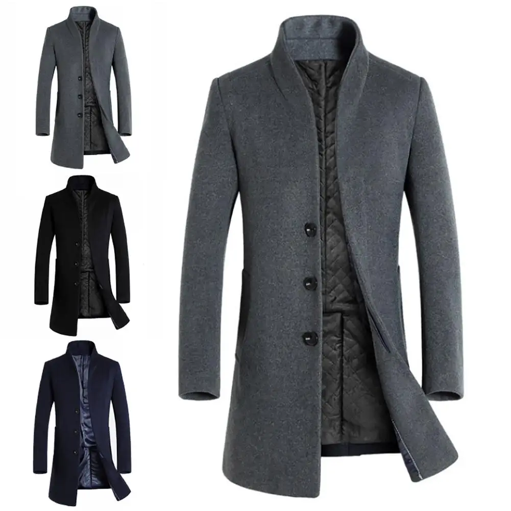 

Men Winter Warm Solid Color Woolen Trench Coat Slim Outwear Overcoat Long Jacket Men's solid color jacket with long button wool