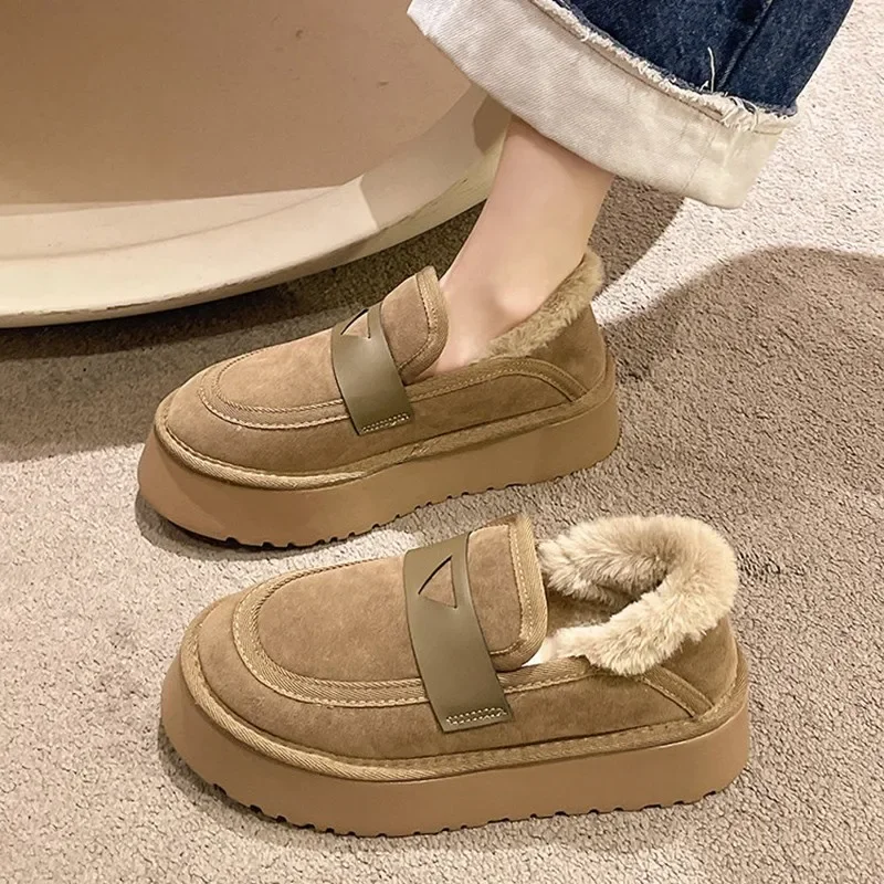 

Женские замшевые ботильоны на меху, на плоской платформе, Теплые повседневные ботинки из хлопка, зимняя Дизайнерская обувь, женские ботинки с коротким плюшем, 2024