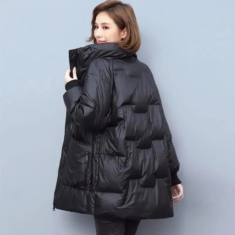 New Down Cotton Jackets Long Women's Parka Stand Collar Solid Winter Tops Loose High Quality Outwear Fashion Padded Casual Coats
