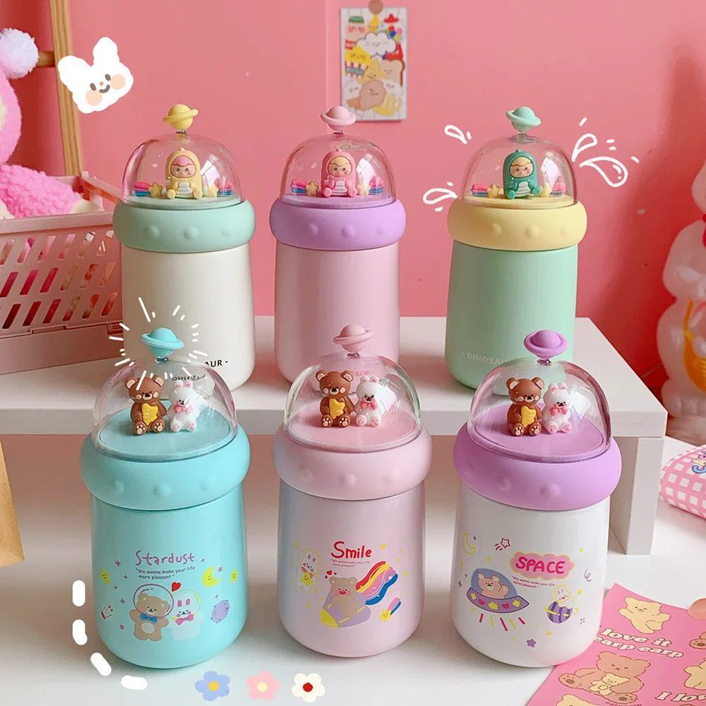 

350 ML Bear Portable Thermos Bottle Cute Kids Straw Water Bottle Insulated Stainless Steel Student Girls Thermal Drink Bottles