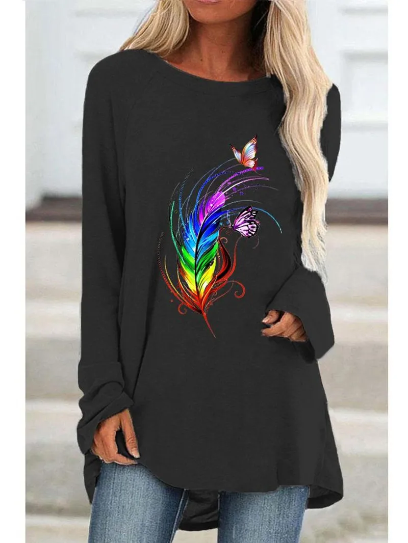 

Женская Весенняя модная повседневная футболка с разноцветным принтом бабочек и перьев, с круглым вырезом и длинными рукавами, свободная же...