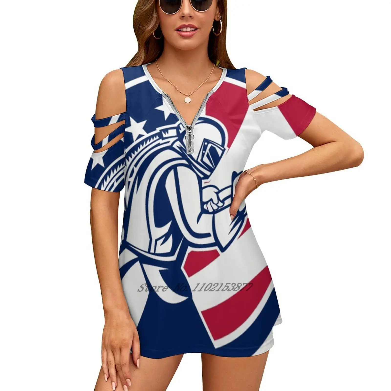 Американский пескоструйный аппарат с абразивной обработкой, женская футболка с рисунком флага США, повседневные топы с коротким рукавом, футболка на молнии с V-образным вырезом, Женская свободная футболка