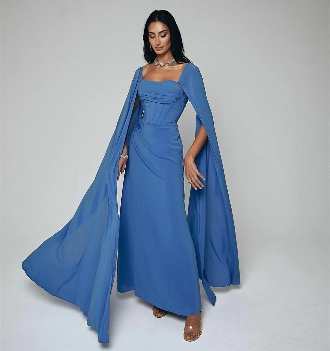 

Элегантное длинное синее шифоновое вечернее платье с накидкой для женщин
