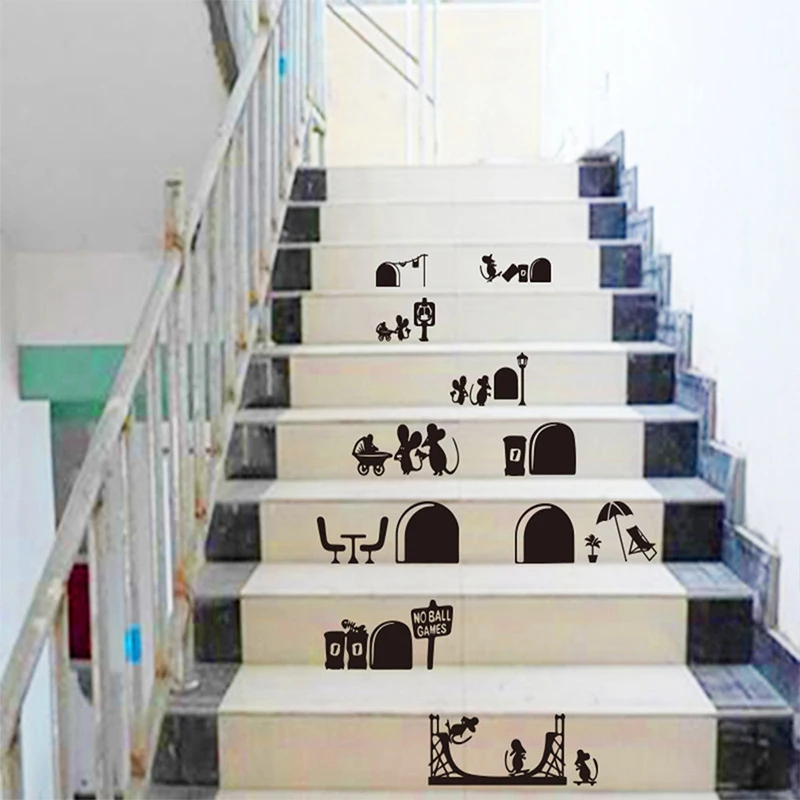 

1 Pc Black Mouse Staircase Stickers 25 x 55cm Funny Mouses Plane Cartoon Wall stickers Kids Home Decor Decals Stairs Floor Stick