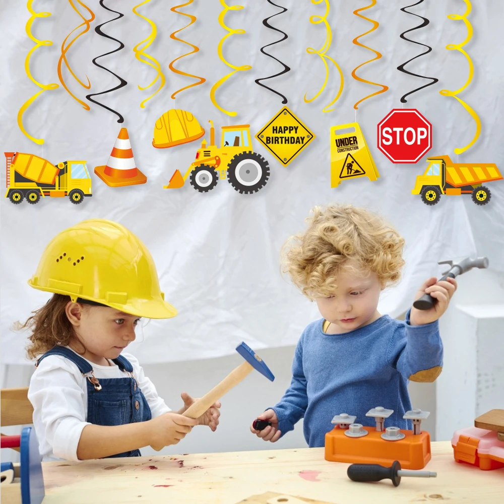 

30pcs Under Construction Warning Sign Excavator Truck Party BIRTHDAY Party PVC Ceiling Hanging Swirls Spirals Baby Shower Party