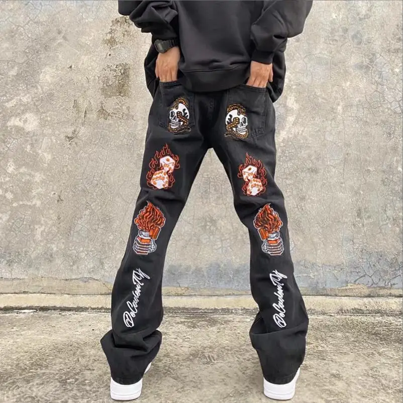 High Street Hip Hop Embroidery On The Back Men Jeans Fashion 2022 Autumn Elasticity Slim Skull Pantalones de hombre w138