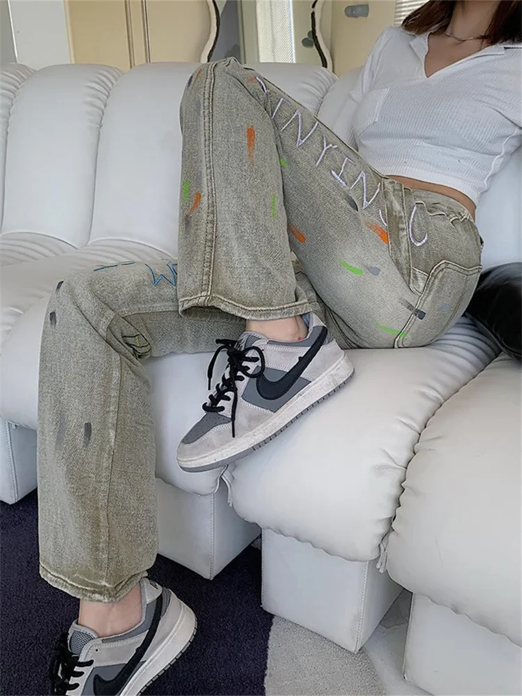 

QWEEK 90s Vintage Jeans Women Y2K Fairy Grunge Retro Letter Paint Wide Leg Denim Pants Oversized Harajuku Streetwear Trousers
