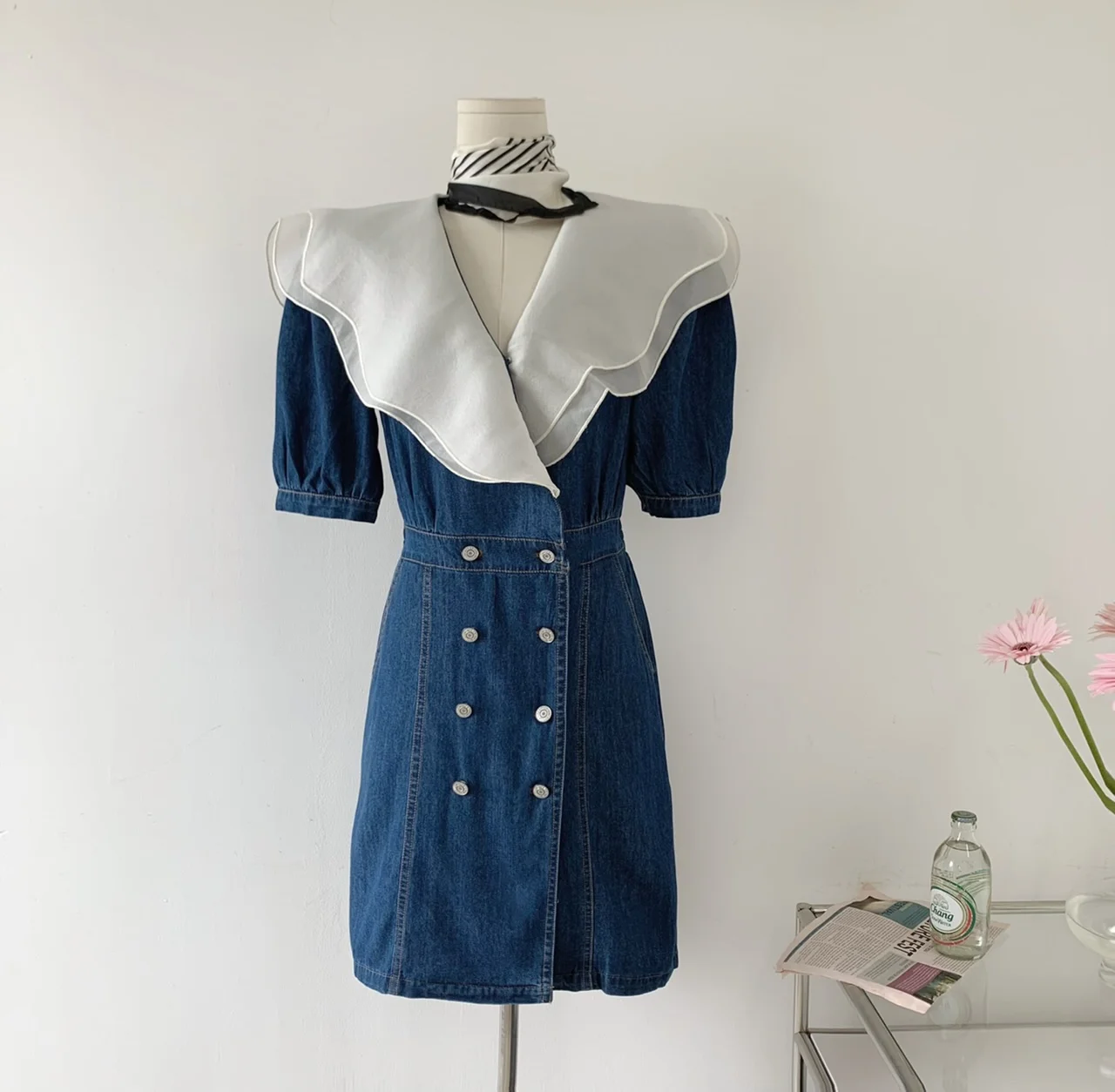 

Fashion new summer Korean version waist mid-length ruffled stitching double-breasted denim dress