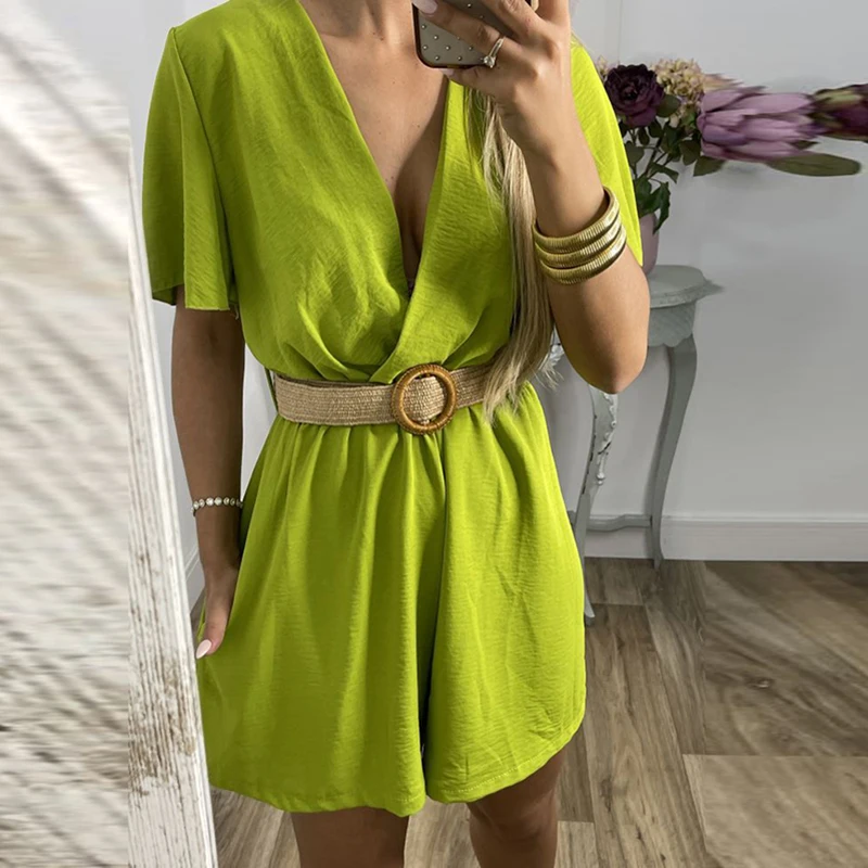 

2023 Vintage Summer Shorts Jumpsuit Ladies Sexy V-neck Belt Waist Beach Romper Fashion Multicolor Short Sleeve Women Playsuits