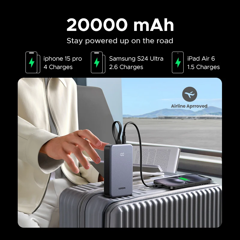 Фото UGREEN 22,5 Вт 20000 мАч Power Bank Тип C Кабель Быстрая зарядка Портативный PowerBank для iPhone 16 Pro Max PD20W Внешний аккумулятор телефона №5