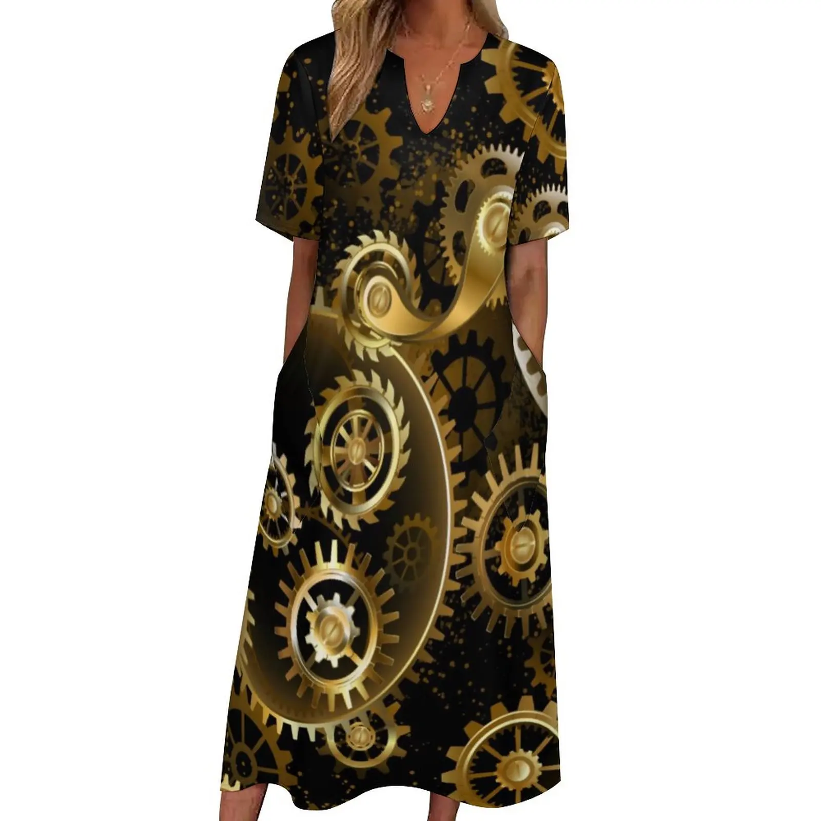 

Steampunk Brass Gears Dress Summer Retro Print Aesthetic Bohemia Long Dresses Womens Cute Maxi Dress Gift Idea