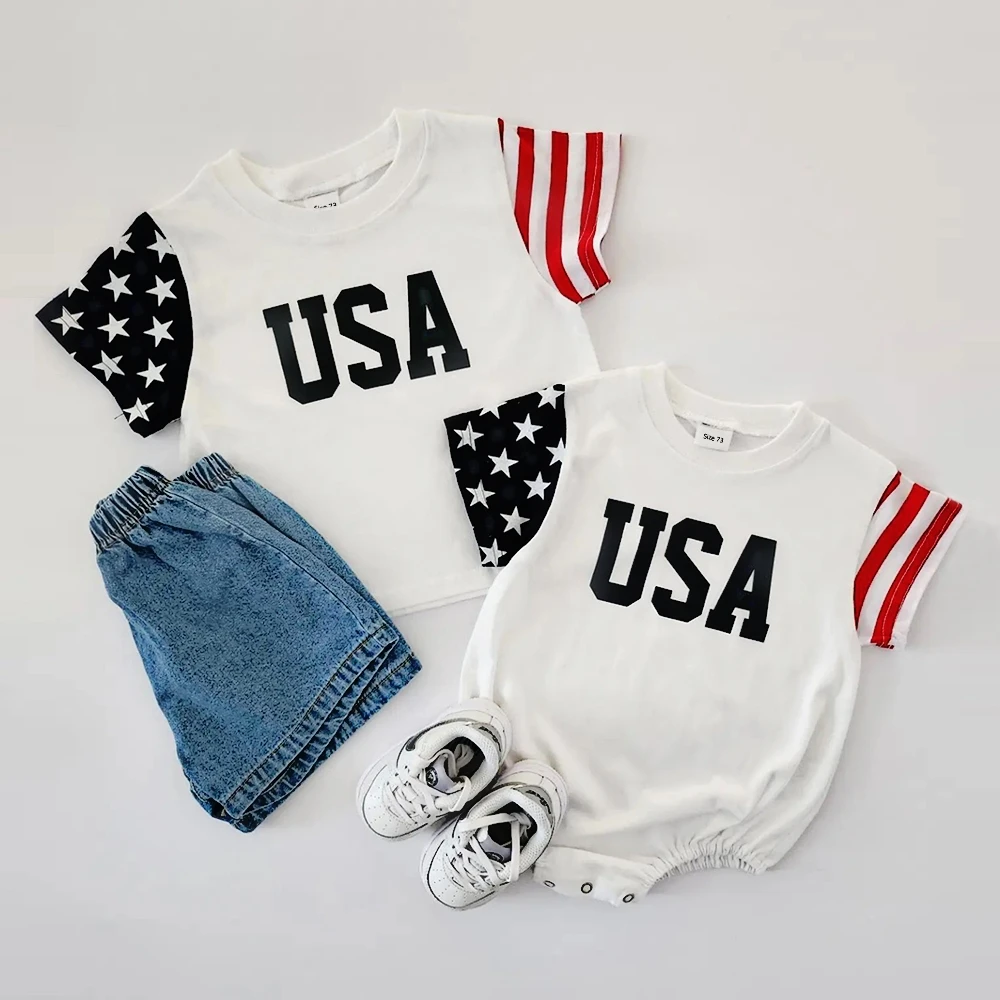 Baby Boys USA Patch T-Shirt Romper Newborn Bebe Short Sleeve Casual Loose Sweatshirt Onesie Toddler Girls Romper 0-24M Jumpsuits